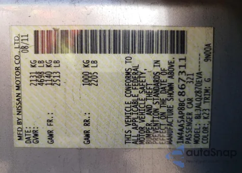 2011 Nissan Maxima S z USA, uszkodzony, nr VIN 1N4AA5AP8BC867311